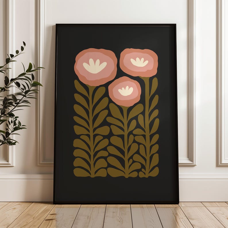 Set med 2 stämningsfulla väggkonstmotiv med grönt och svart blommönster, ekologiska folkblommor, utskrivbara abstrakta botaniska posters för mors dag-present bild 4