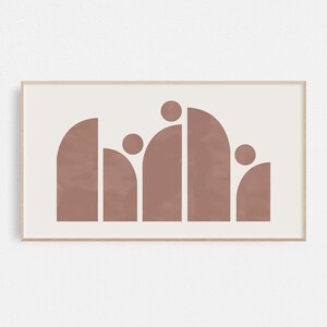 May include: Abstract art print with a geometric design of overlapping semi-circles in a muted pink color.