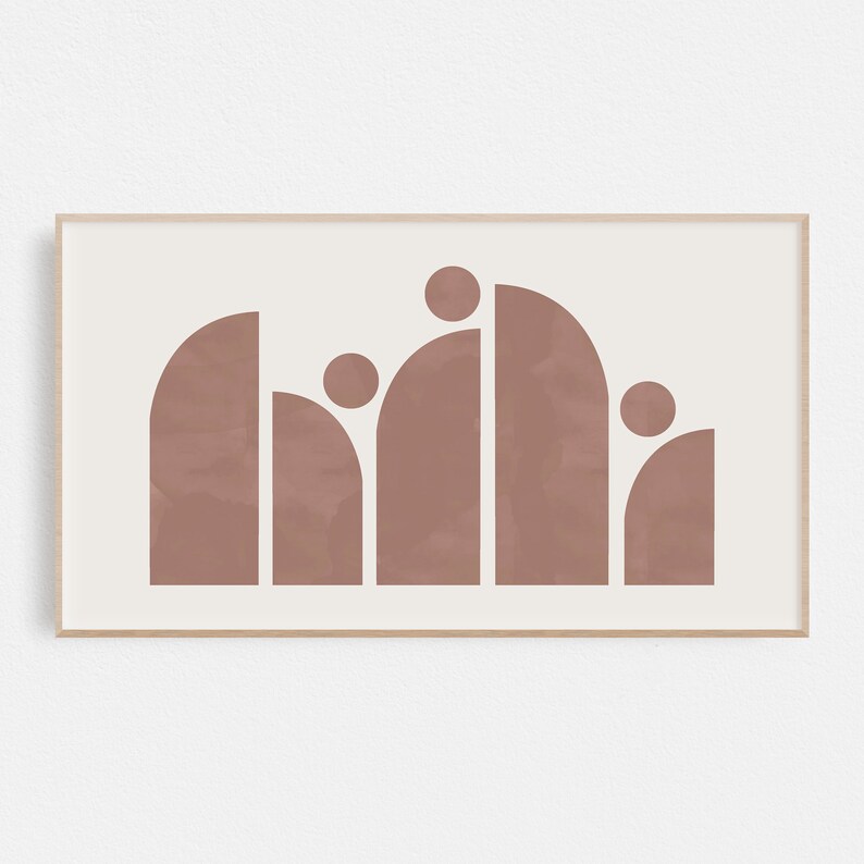 May include: Abstract art print with a geometric design of overlapping semi-circles in a muted pink color.