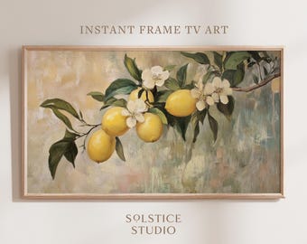 May include: A painting depicting a lemon tree branch with yellow lemons and white blossoms. The background is a soft, abstract wash of green, yellow, and brown.