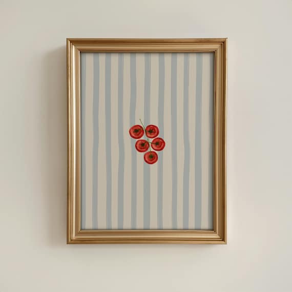Tomato Poster: Striped Kitchen Prints, Vintage Italian Tomatoes Print, Blue & White Framed Kitchen Wall Art