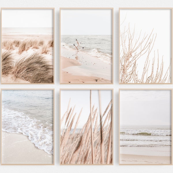 Coastal Art Print Set of 6 | Neutral Coastal Wall Art | Beach Wall Art | Beach Printable Art | Coastal Decor | Bathroom Print Set