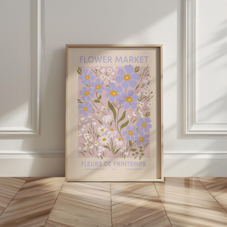 Spring Flower Printable Art, Flower Market Poster Aesthetic Decor, Vintage Floral Poster Pink Daisies Print, Pastel Wildflowers Print image 5