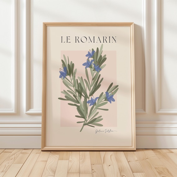 Rosemary Print Herb Wall Art: French Kitchen Decor, Botanical Dining Room Wall Art Pink & Green Poster (Digital Download)
