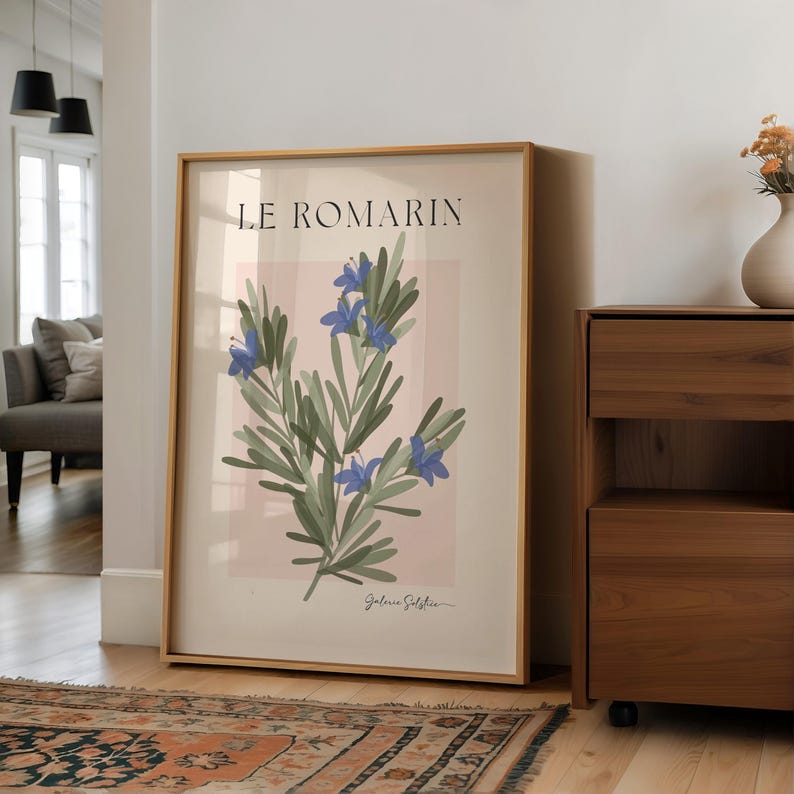 Rozemarijnprint kruidenmuurkunst: Franse keukendecor, botanische eetkamer muurkunst roze en groene poster (digitale download) afbeelding 2