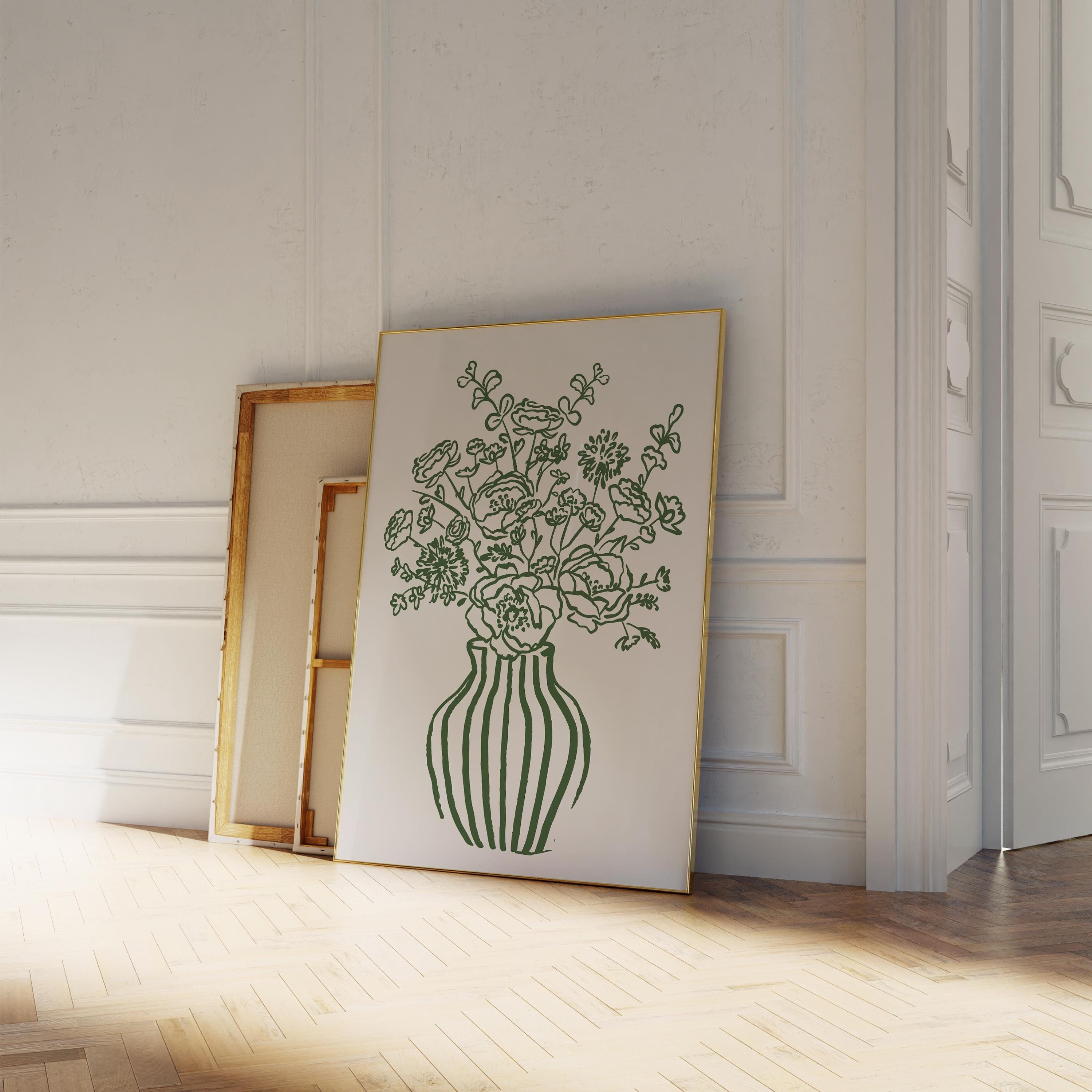 Green Floral Print Trendy Vase Poster, Classy Prints Stripe Vase Print Hand Drawn Flowers Print, Minimal Living Room Decor Bouquet Poster