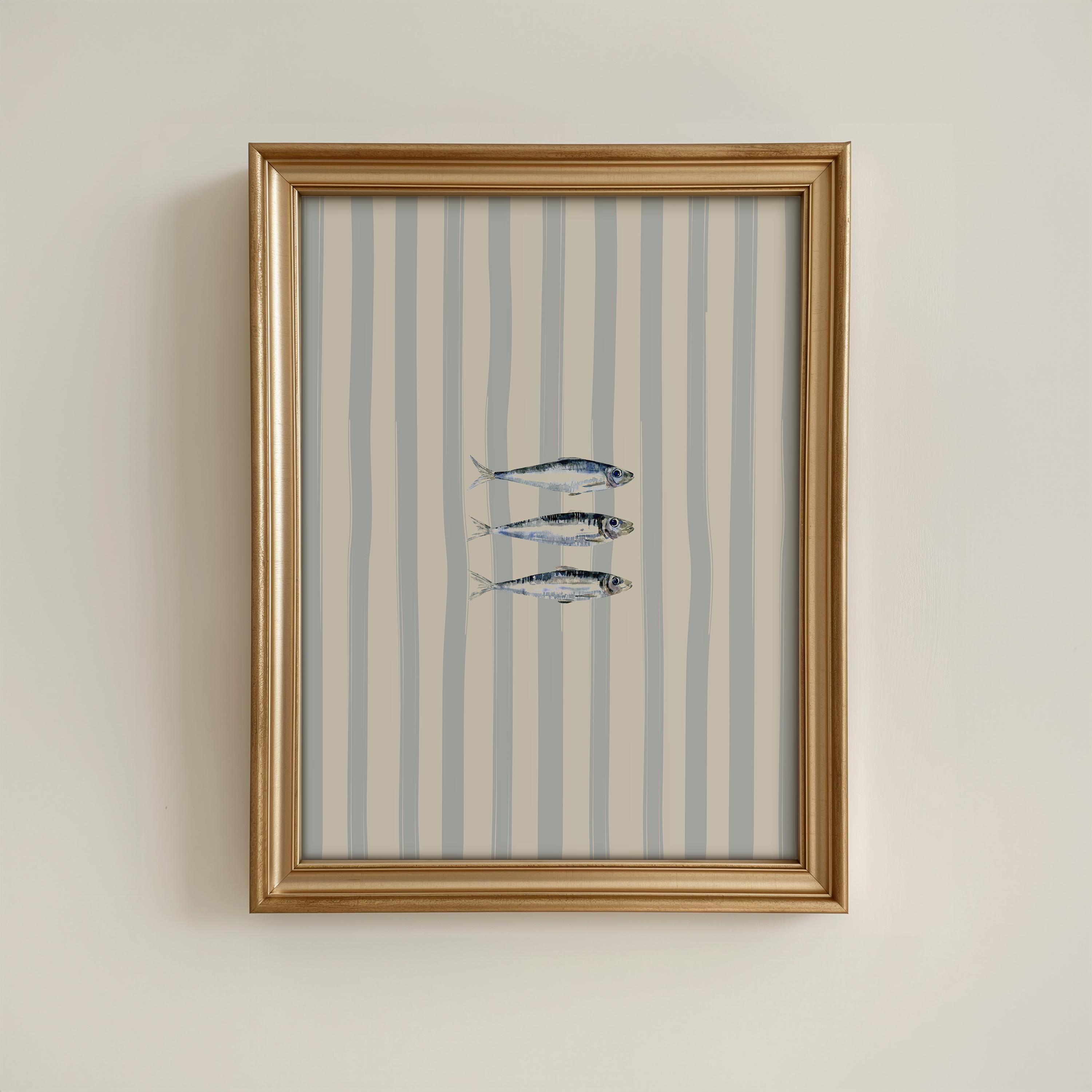 Striped Sardine Print Fish Art Print, Blue & White Kitchen Wall Art ...