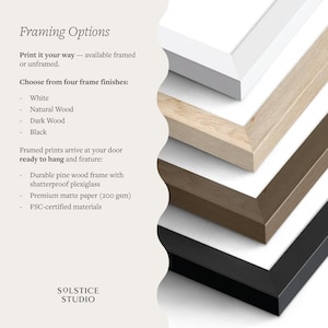 May include: Image showcasing framing options for prints, featuring four frame finishes: white, natural wood, dark wood, and black. Text details the options, including durable pine wood frames with shatterproof plexiglass and premium matte paper. The Solstice Studio logo is at the bottom.