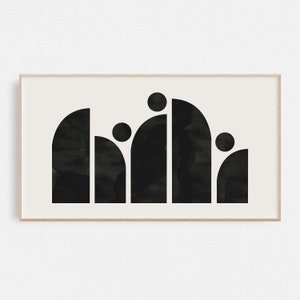 May include: Black and white abstract geometric art print with a design of rounded shapes resembling a cityscape.