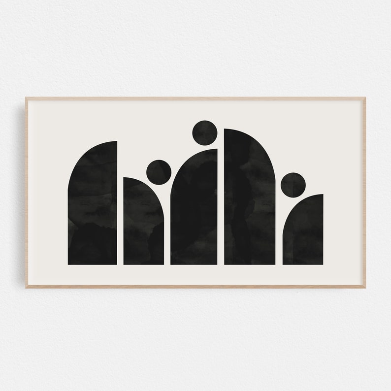 May include: Black and white abstract geometric art print with a design of rounded shapes resembling a cityscape.
