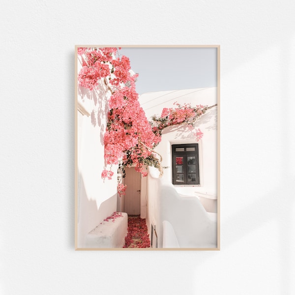 Greece Photography | Santorini Wall Art | Bougainvillea Print | Greek Island Print | Downloadable Print | Printable Art