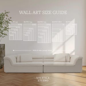 May include: A wall art size guide with various aspect ratios and dimensions in inches. The guide includes ratios like 4:5, 3:4, 2:3, ISO, and 1:1, with sizes such as 24x30in, 20x25in, and 16x20in. A sofa is 118in wide. The Solstice Studio logo is at the bottom.