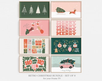 以下が含まれることがあります： クリスマスのテーマが盛り込まれた、印刷可能なデジタルイラスト8点セット。ピンクの車にクリスマスツリーが乗っているもの、赤い「HO HO HO」の文字が書かれた緑のリース、クリスマスオーナメントが飾られた緑の背景、5回繰り返された「MERRY」の文字が書かれたピンクの背景、シャンパンのグラスで乾杯する2人の人物が描かれたピンクの背景、クリスマスツリーが描かれた緑の背景、ダックスフントがクリスマスツリーを引いているピンクの背景などがあります。