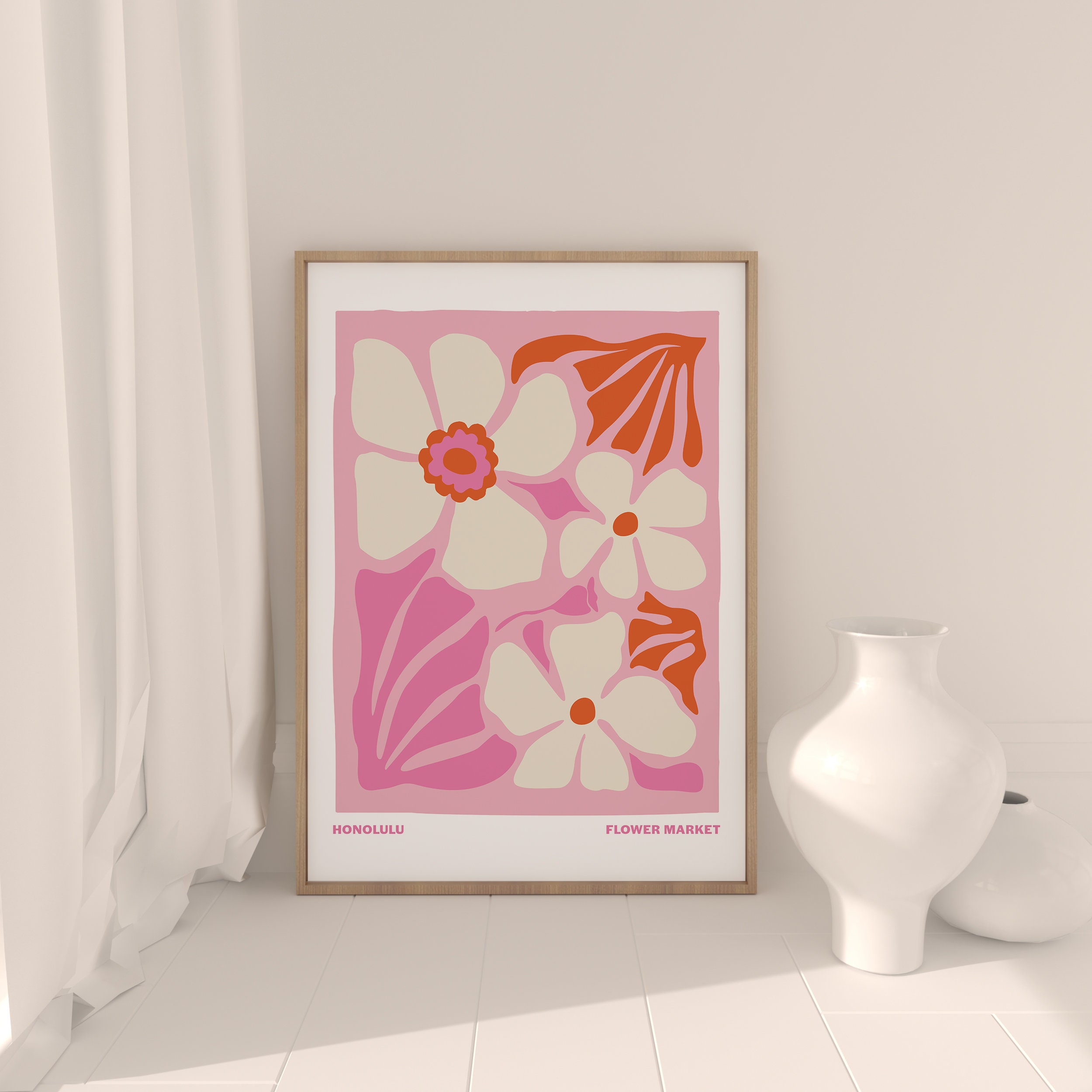 Flower Poster Honolulu Printable Art Pink White Aesthetic Wall Art