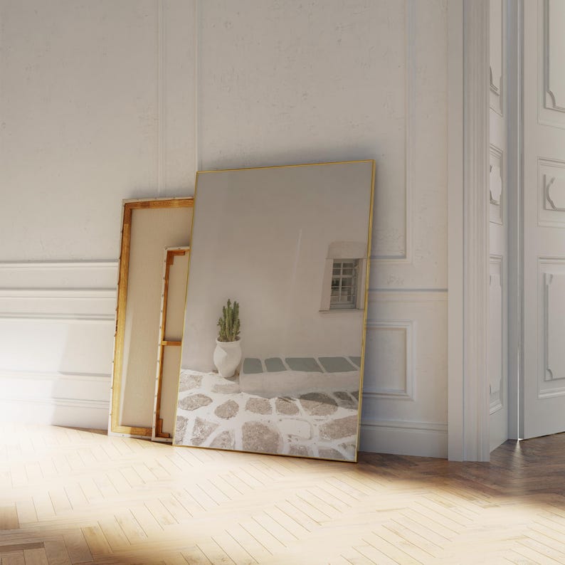 May include: A large mirror with a gold frame leans against a wall, reflecting a white building with a window and a potted cactus. A canvas painting with a gold frame is next to the mirror. The scene is set on a wooden floor.