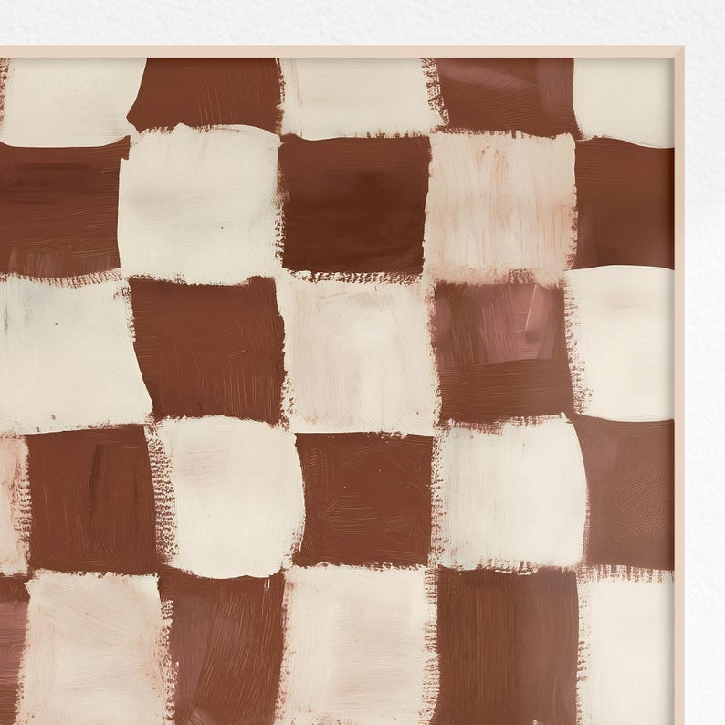 May include: Abstract painting with a checkered pattern in shades of brown and white.