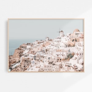 Oia Santorini Print Greece Printable Art, Coastal Decor Landscape Wall Art, Pastel Wall Art Greece Photography Blue Pink White Art