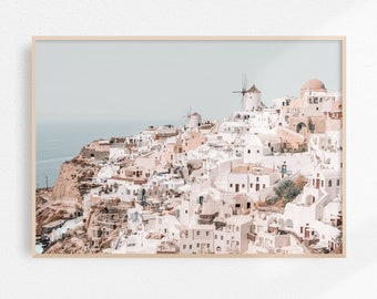 Stampa Oia Santorini Grecia Arte stampabile, Decorazione costiera Paesaggio Arte murale, Arte murale pastello Grecia Fotografia Blu Rosa Bianco Arte