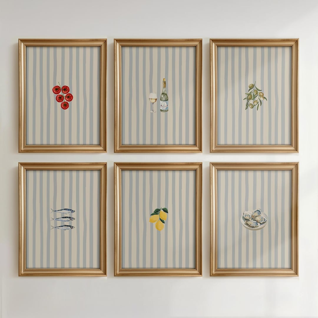 set of three mediterranean kitchen prints | framed... Kitchen Art Set of 6: Mediterranean Food Prints for Dining Room, Blue ...