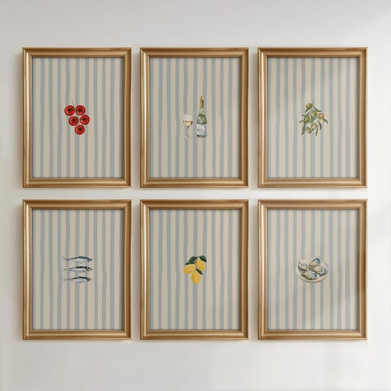Kitchen Art Set of 6: Mediterranean Food Prints for Dining Room, Blue Striped Sardines Print, Lemons Painting, Tomatoes Watercolor Wall Art