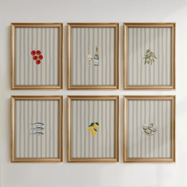 Kitchen Art Set of 6: Mediterranean Food Prints for Dining Room, Blue Striped Sardines Print, Lemons Painting, Tomatoes Watercolor Wall Art