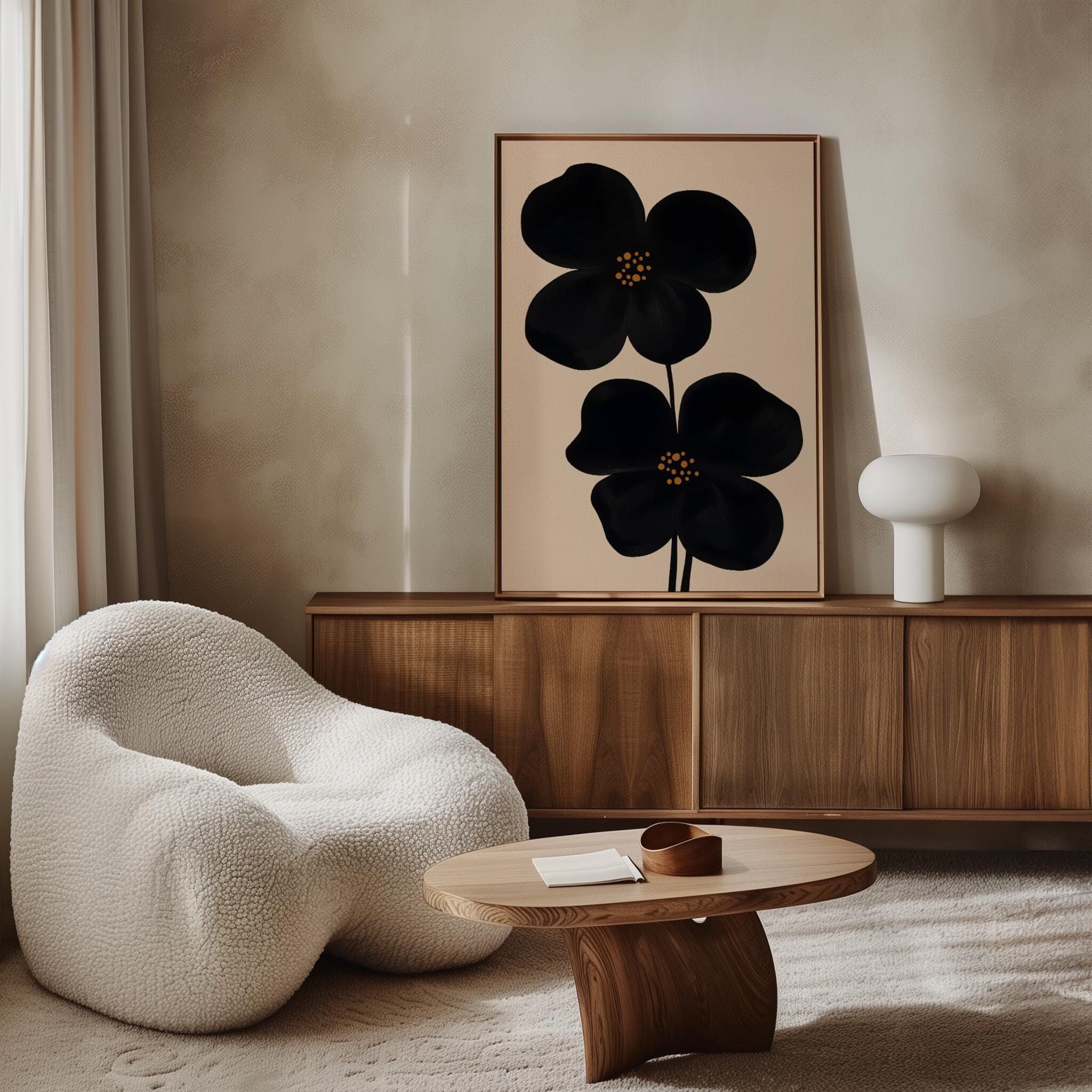Black Wall Art Oversized Flower Physical Poster, Moody Wall Art Modern Flower Art, Large Black & Cream Abstract Print