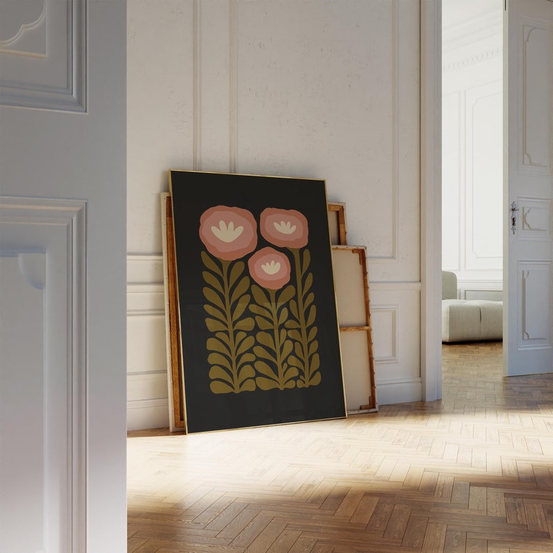 Set med 2 stämningsfulla väggkonstmotiv med grönt och svart blommönster, ekologiska folkblommor, utskrivbara abstrakta botaniska posters för mors dag-present bild 6