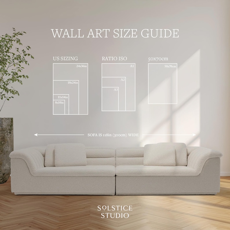 May include: Wall art size guide with US sizing, Ratio ISO, and 50x70cm dimensions. The sofa is 118 inches wide. The image includes the text "SOLSTICE STUDIO".