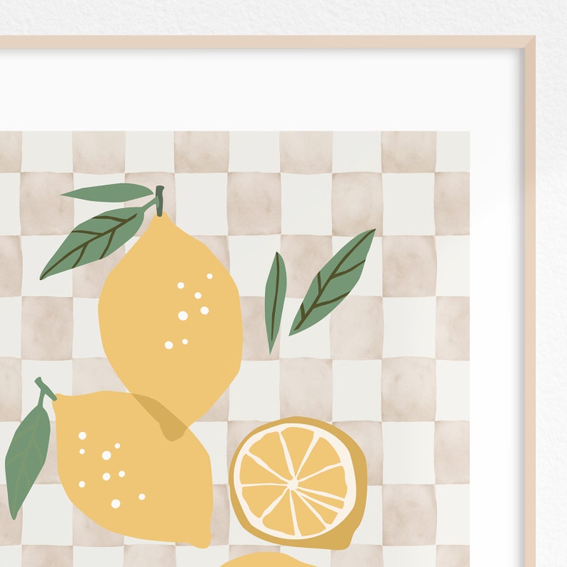 Lemon Printable Art Kitchen Wall Art, Lemon Poster Fruit Market Print, Checker Kitchen Decor Watercolor Fruit Print, Neutral Kitchen Decor image 10