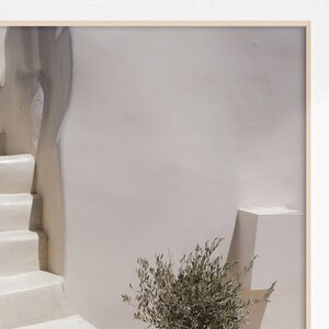 K&ouml;nnte beinhalten: Eine wei&szlig;e, bemalte Treppe mit einer wei&szlig;en Wand und einer kleinen, getrockneten Olivenzweigpflanze im Vordergrund.