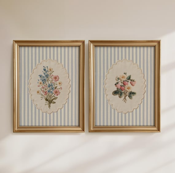 Vintage Floral Prints Set of 2: Cottage Decor, Embroidered Floral Wall Art, Cottagecore Nursery Wall Art (Physical Prints)