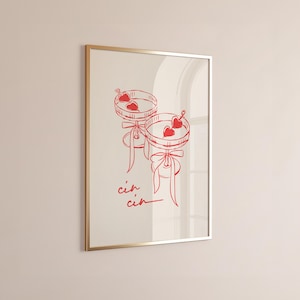 Cin Cin druckbare Kunst Cocktail Poster, kokette Zimmerdekoration Mädchen Abendessen niedliche Wandkunst, Rotwein Druck, Retro Wein und Schleifen Illustration