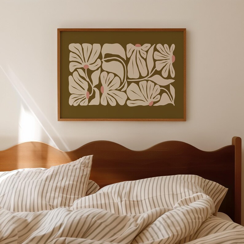 Olive Wall Art: Large Green Horizontal Wall Art, Green & White Japandi Print for Living Room, Floral Boho Printable Art image 2