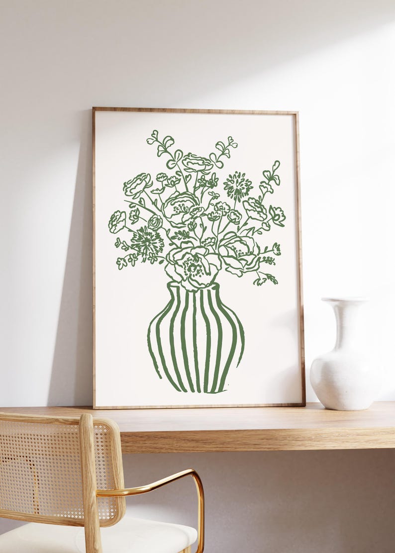 Green Floral Physical Print Trendy Vase Poster, Retro Stripe Vase Print