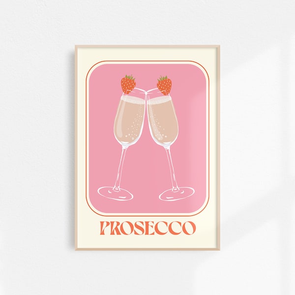 Prosecco Poster Prosecco Printable Art, Bar Cart Decor Wine Wall Art, Champagne Wall Art Pink & Red Trendy Wall Art Alcohol Poster