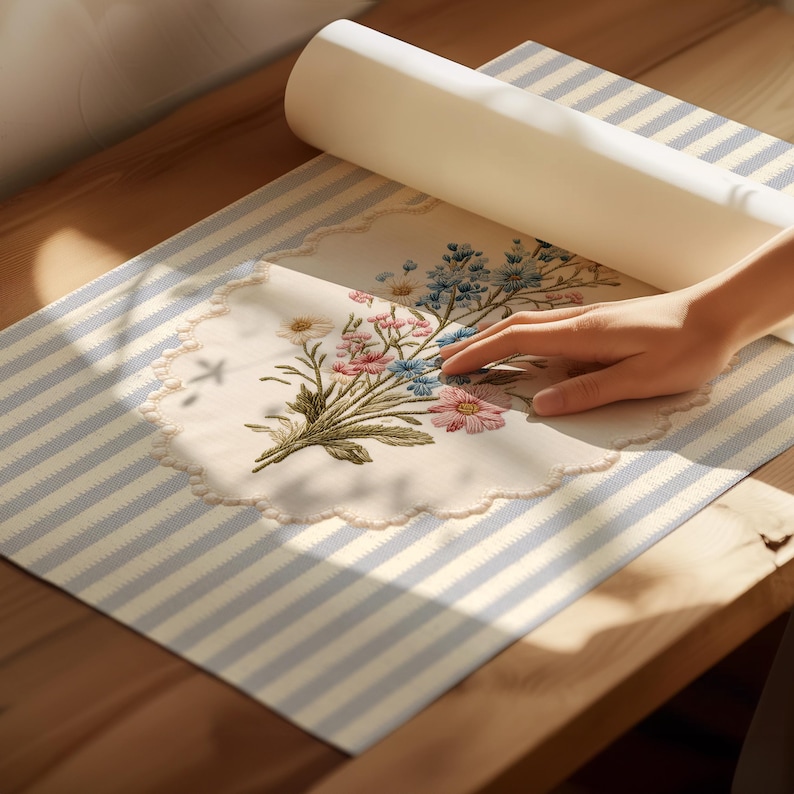 K&ouml;nnte beinhalten: Ein floral bestickter Tischl&auml;ufer mit hellblau-wei&szlig; gestreiftem Rand. Die Stickerei zeigt einen Strau&szlig; aus rosa, blauen und wei&szlig;en Blumen mit gr&uuml;nen Bl&auml;ttern. Der Tischl&auml;ufer ist teilweise aufgerollt und gibt das Design frei.