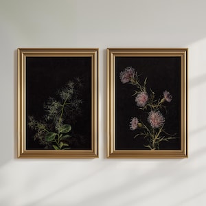 2er-Set Dark Academia Floral druckbare Kunst, stimmungsvolle Wandkunst Vintage schwarze Blume Poster, dunkle botanische Blumendrucke Cottagecore Wandkunst