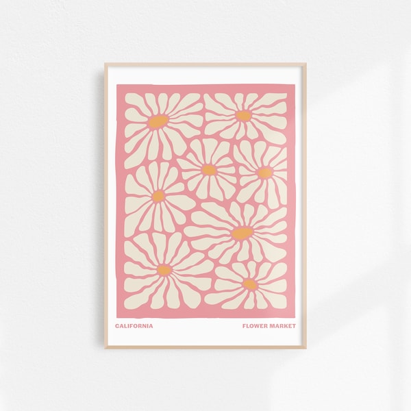 Flower Market California Printable Art | Pink White Aesthetic Decor | Abstract Retro Daisy Flowers Poster | Danish Pastel Decor