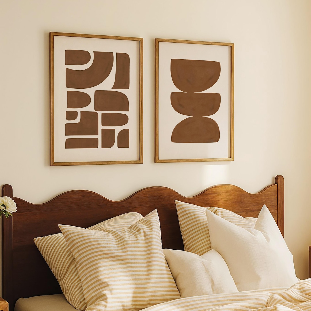 Abstract Brown Wall Art Set of 2: Cream & Brown Geometric Prints ...