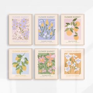 Blumenmarkt Poster Set von 6 Galerie Wand Set, Vanille Mädchen druckbare Wand Kunst ästhetisches Raumdekor Retro Pastell Blumen Poster Set