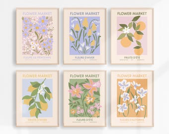 Flower Market Poster Set of 6 Gallery Wall Set, Vanilla Girl Printable Wall Art Aesthetic Room Decor Retro Pastel Flower Poster Set