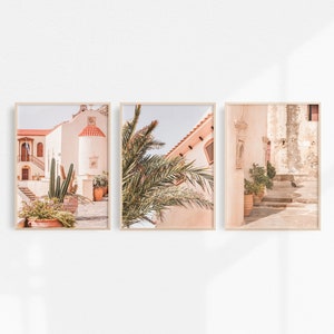 Spain Wall Art Printable Set of 3, Pink & Green Spanish Village, Architecture Prints Travel Photography Instant Download Spain Poster Set