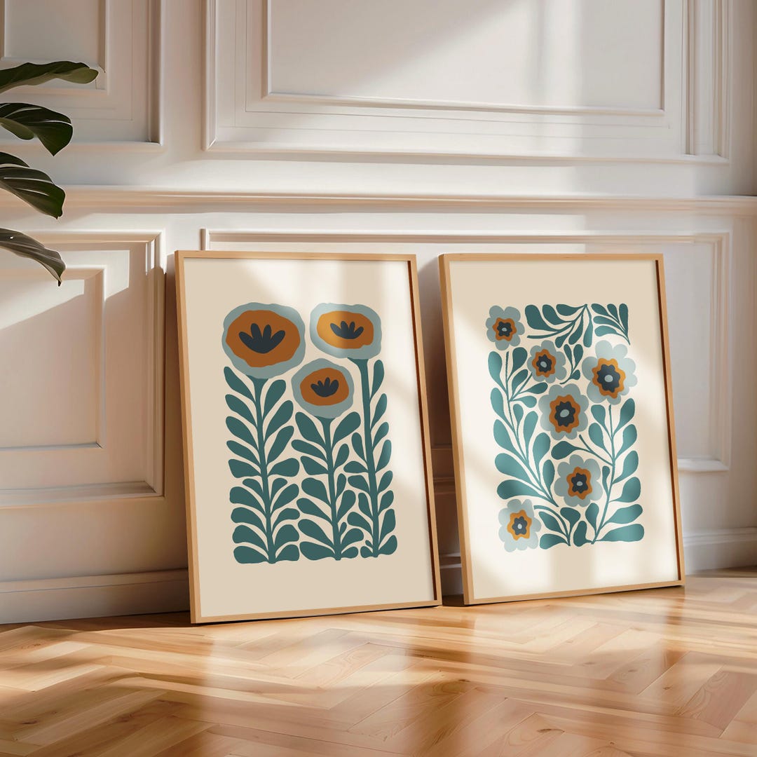 Teal Wall Art Flower Print Set of 2 Large Floral Poster, Abstract ...