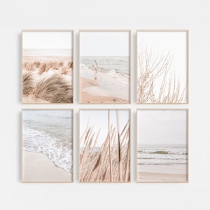 Neutral Coastal Wall Art Set of 6 Beach Printable Art, Hamptons Coastal Decor Seaside Gallery Wall Print Set Minimal Coastal Prints