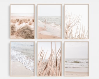 Neutral Coastal Wall Art Set of 6 Beach Printable Art, Hamptons Coastal Decor Seaside Gallery Wall Print Set Minimal Coastal Prints