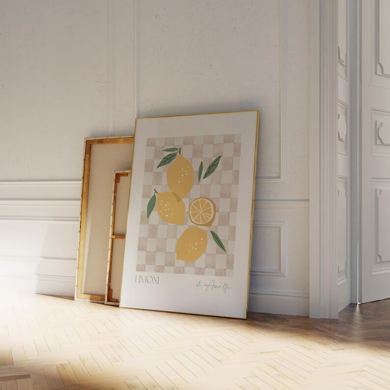 Lemon Printable Art Kitchen Wall Art, Lemon Poster Fruit Market Print, Checker Kitchen Decor Watercolor Fruit Print, Neutral Kitchen Decor image 7