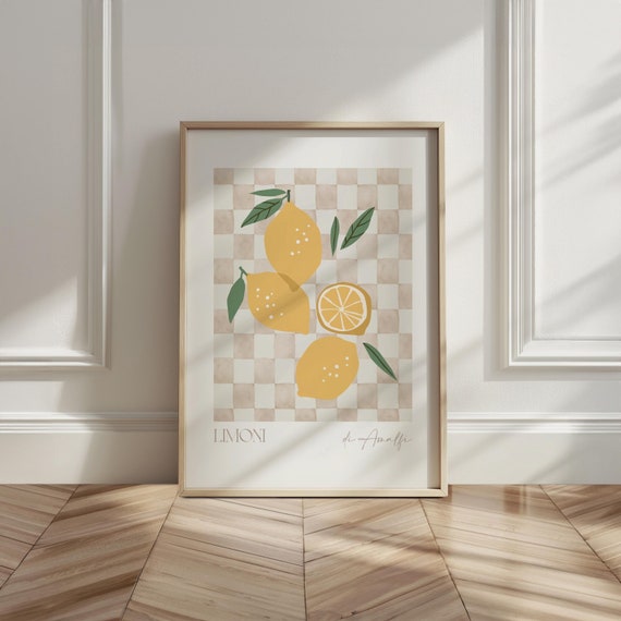 Lemon Printable Art Kitchen Wall Art, Lemon Poster Fruit Market Print, Checker Kitchen Decor Watercolor Fruit Print, Neutral Kitchen Decor