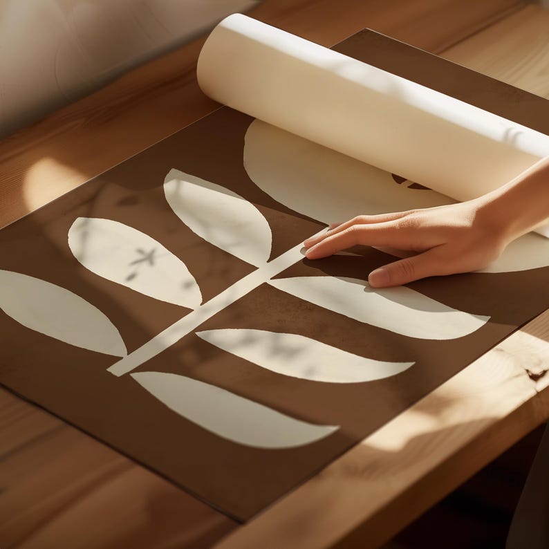 Pu&ograve; includere: Una stampa botanica marrone e crema viene srotolata. La stampa presenta un design a foglie stilizzate con uno stelo centrale e grandi foglie ovali. La parte arrotolata della stampa &egrave; visibile.