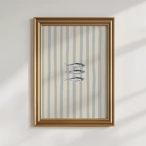 Sardines Art Print Mediterranean Wall Art, Striped Sardines Physical Print Blue & White Kitchen Wall Art Nautical Vintage Seafood Poster