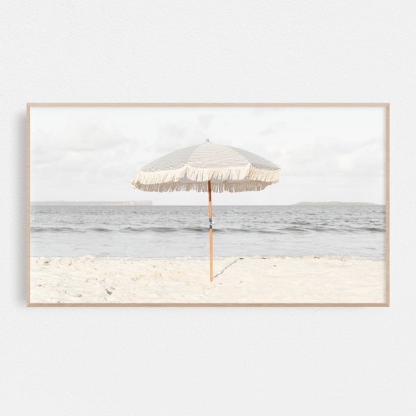 Beach Samsung Frame TV Art Beach Umbrella, Shoreline, Waves, Blue & White Coastal Art for Frame TV Digital Download for Samsung Frame